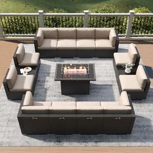 LayinSun 15 Piece Patio Furniture Set with Fire Pit Table, Outdoor Conversation Sets Wicker Rattan Sectional Sofa with Coffee Table - 1 of 4