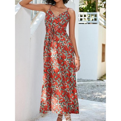 Womens Spaghetti Straps Summer Dresses Floral Sleeveless Beach Dress V Neck Drawstring High Waist A Line Casual Maxi Dress