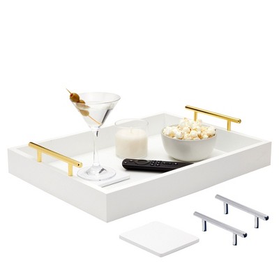 Juvale Decorative Wood Serving Tray with Handles and Coasters, White, 16.5 x 12.2 x 3.1 in