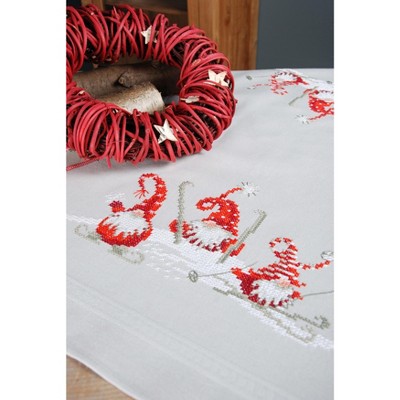 Vervaco Stamped Tablecloth Embroidery Kit 32"X32"-Christmas Gnome Skiing