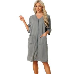 cheibear Women's Waffle 3/4 Sleeves Spa Bathrobe Loungewear Zipper Up One Piece Pajama Robes - 1 of 4