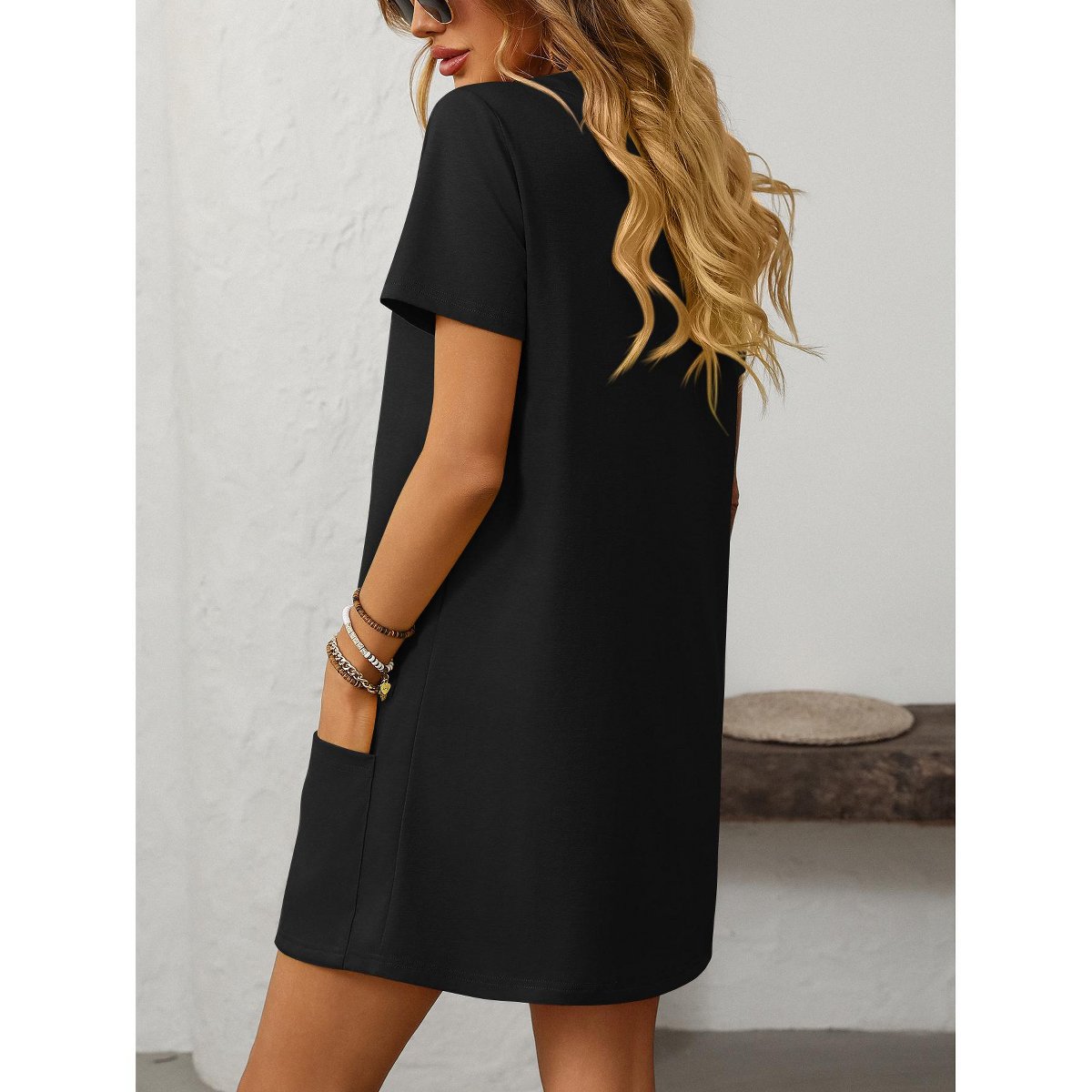 Женские платья EadianDree Women Dress Trendy Square Neck Short Sleeve Solid Color Summer Mini Dresses with Pockets,Black,Small — фото 2