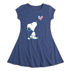 Girls' - Peanuts - Snoopy Flag Heart Fit & Flair Cap Sleeve Dress - 1 of 3