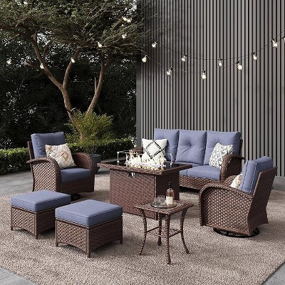 LayinSun Outdoor Patio Furniture Set, Brown Rattan Wicker Sectional Swivel Rocker Chairs Sets