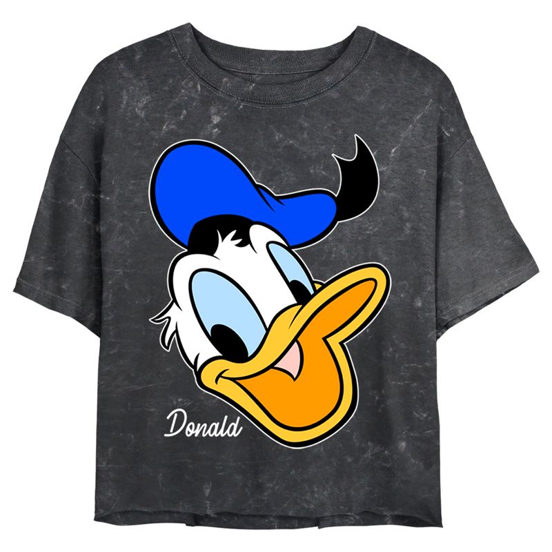 Juniors Womens Mickey & Friends Donald Duck Big Face Mineral Wash Crop T-Shirt, 1 of 5