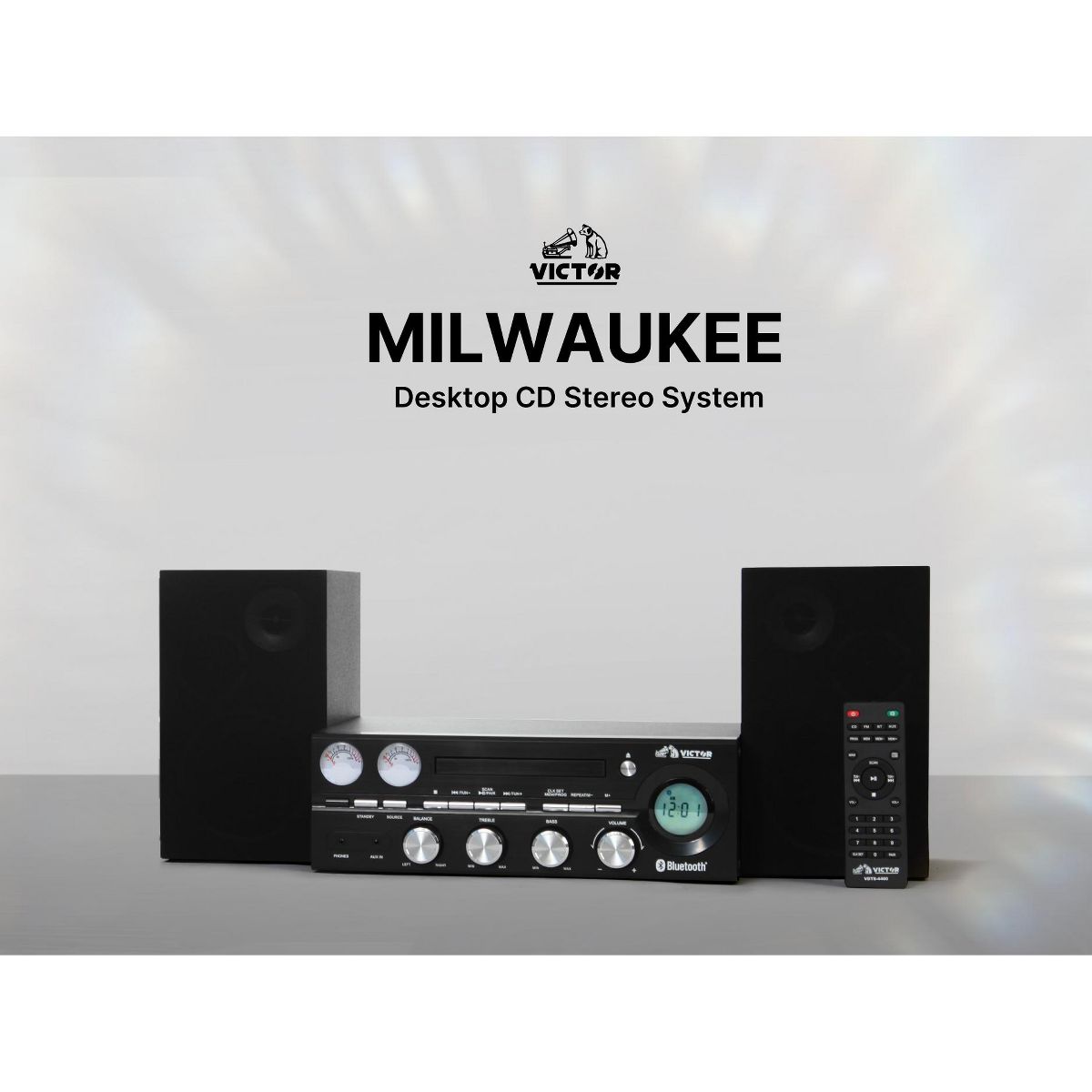 VICTOR Milwaukee 50 Watt Desktop Bluetooth Stereo System with CD/MP3 Player, FM Radio, Functioning VU Meters, and Detached Stereo Speakers, Black