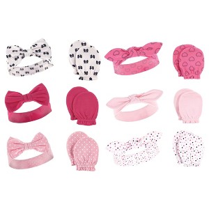 Hudson Baby Infant Girl 12Pc Cotton Headband and Scratch Mitten Set, Bows Navy Hearts, 0-6 Months - 1 of 3