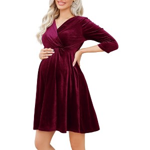 Coolmee Womens Velvet Maternity Midi Dresses 3/4 Long Sleeve V-Neck Baby Shower Pregnant Dress - 1 of 4