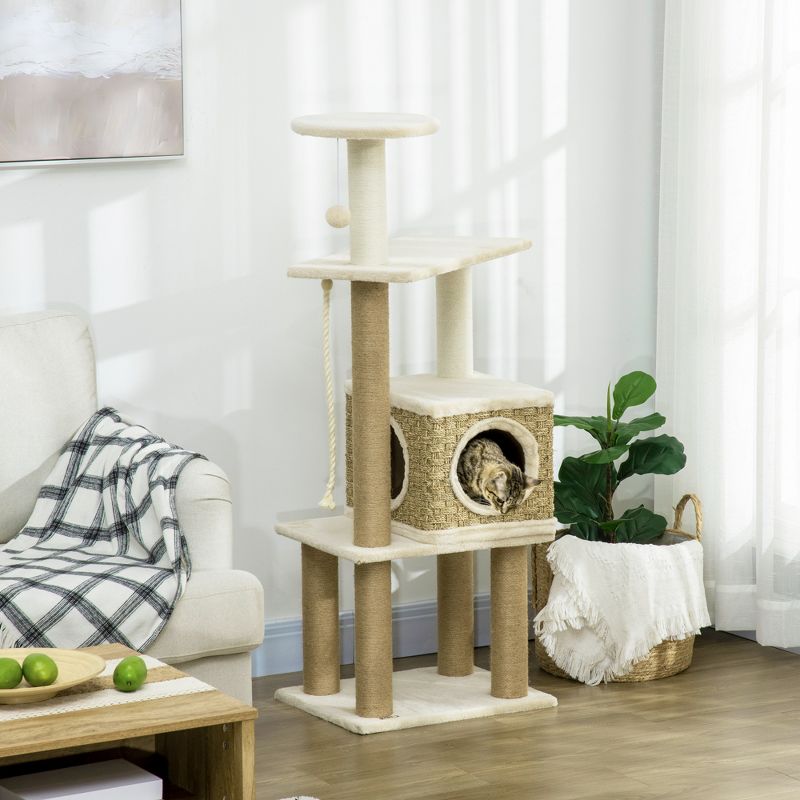 PawHut Modern Cat Tree with Scratching Posts and Rattan Cat House, Small Cat Tower for Indoor Cat Furniture, Beige, 2 of 7
