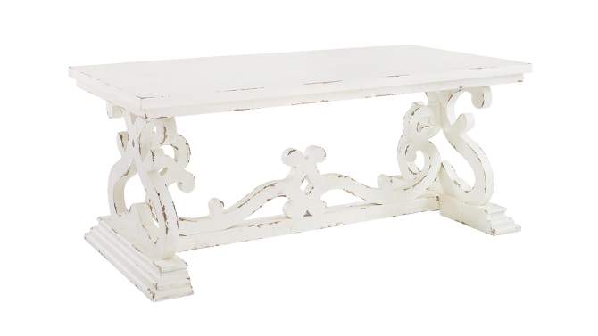 Christos Transitional Coffee Table Decorative Scrollwork Double Pedestal Distressed White - Powell, 2 of 9, play video
