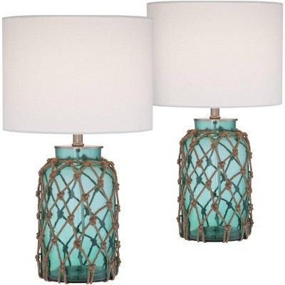 360 Lighting Nautical Accent Table Lamps Set of 2 Coastal Blue Green Rope Net Off White Drum Shade for Living Room Family Bedroom