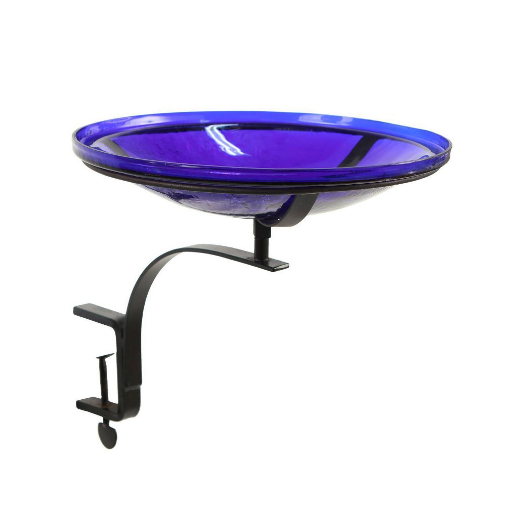 Photos - Other interior and decor 13.7" Reflective Crackle Glass Birdbath Bowl, Cobalt Blue, Rail-Mount Brac