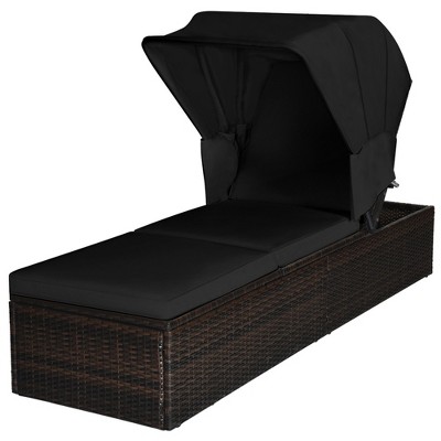 Tangkula Rattan Patio Chaise Lounge Chair W/ Adjustable Canopy Black Cushion