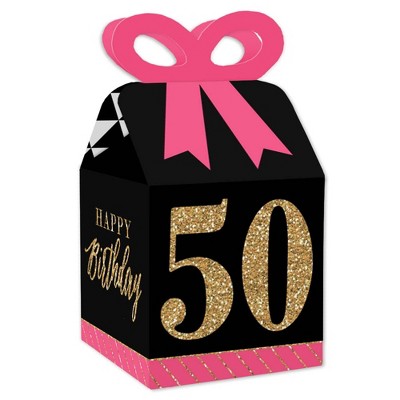 Big Dot of Happiness Chic 50th Birthday - Pink, Black and Gold - Square Favor Gift Boxes - Birthday Party Bow Boxes - Set of 12