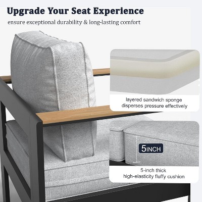 Close-up of cushion with 5 inch thickness graphic and layered foam description