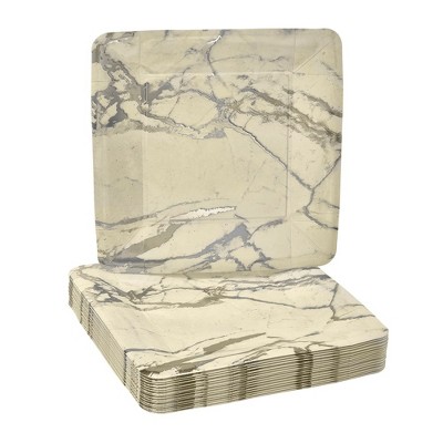 Silver Spoons Elegant Disposable Square Plates for Party, Heavy Duty Disposable Dinner Set, Side Plates, 7.5" (18 PC) - Marble Collection - Gold