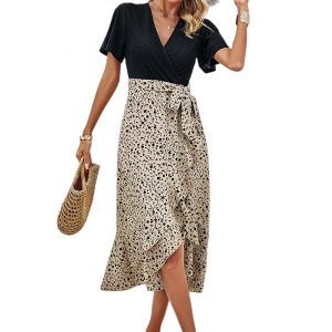 Womens Maxi Summer Dresses 2025 Short Sleeve V Neck Boho Floral Print Belted High Low Ruffle Party Cocktail Dress - 1 of 4