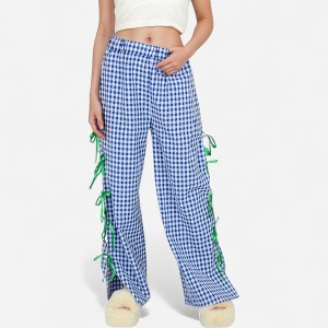Anna-Kaci Lounge Women's Gingham Wide Leg Pants with Elastic Waistband Contrast Side Ribbon Tie Details and Relaxed Full-Length Fit - 1 of 4