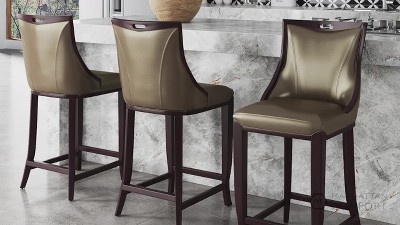 Elegant Pearl White Leather & Walnut Wood Barstool