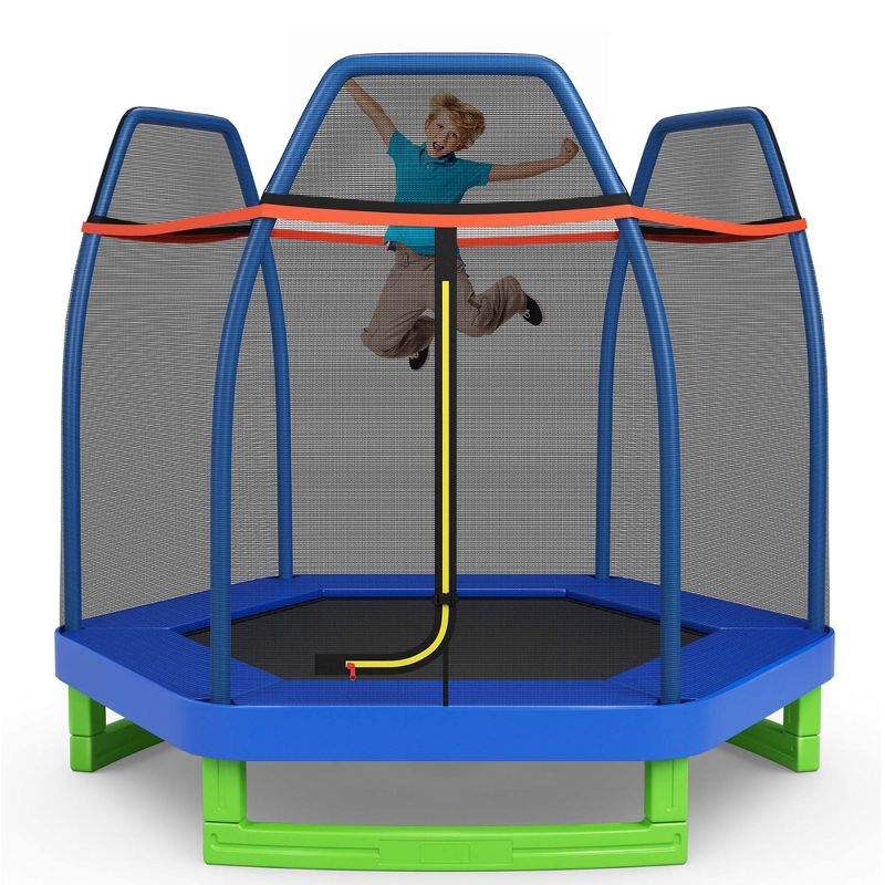 Costway 7 FT Kids Trampoline with Safety Enclosure Net Spring Pad Indoor Outdoor Heavy Duty Yellow/Blue/Green, 2 of 11