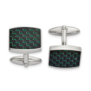 Black Bow Jewelry Stainless Steel, Blk & Green Carbon Fiber Rectangle Cuff Links 19x14mm - 1 of 3