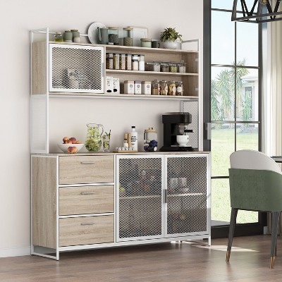 FUFU&GAGA 59"W Kitchen Wooden Buffet Cabinet with Metal Mesh Doors Cookware Shelf Kitchen Worktop