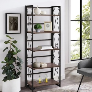 VECELO Folding Bookshelf, 5 Shelf Folding Bookcase, Industrial Metal Freestanding Shelves Rack Organizer for Living Room or Bedroom, Brown - 1 of 4