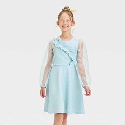 Girls' Astrid Long Sleeve Empire Waist Dress - Sky Blue S