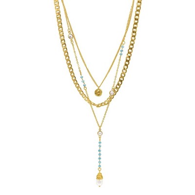 Adornia 14k Gold Plated Freshwater Pearl and Turquoise Beaded Layered Necklace