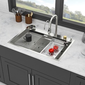 Gulches 33"x22" Drop-in Ledge Workstation Sink, 16G T304 Stainless Steel, with Pull-Out Faucet & Cup Washer - 1 of 4