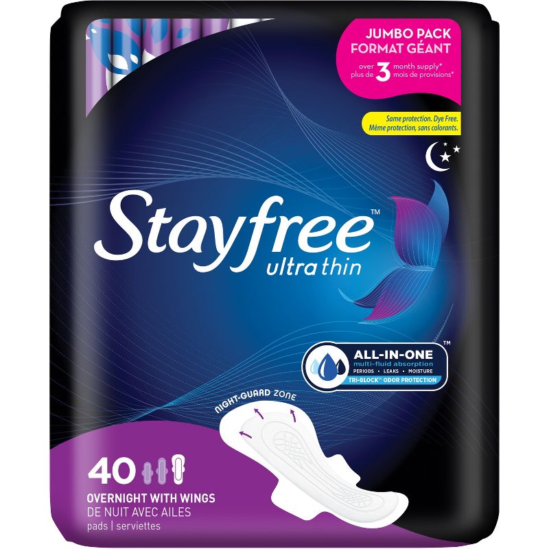 Stayfree Ultra Thin Pads with Wings - Unscented - Overnight - 40ct, 1 of 10