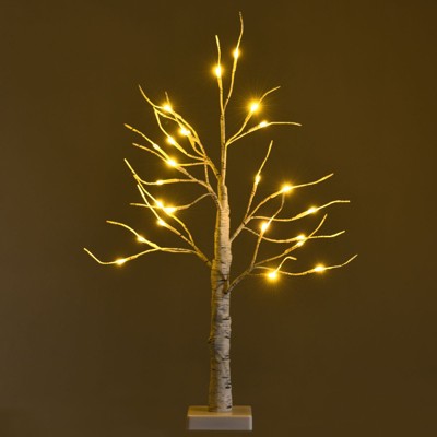 Tangkula Artificial White Birch Tree 2ft Pre-lit Tabletop Christmas Tree w/ 24 Battery-operated Warm White LED Lights
