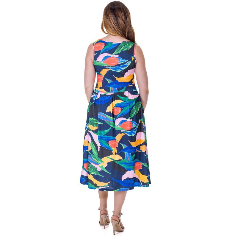 24seven Comfort Apparel Womens Midi Length Multicolor Sleeveless Pleated Pocket Dress, 3 of 9