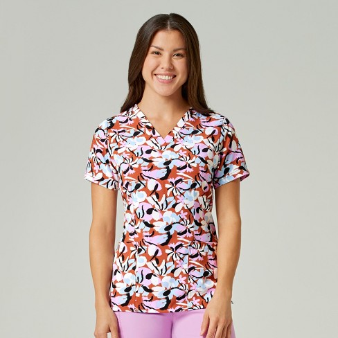 Wink Women's Fitted 3-Pocket V-Neck Print Scrub Top, Palette Petals, 3X