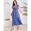 Coolmee Women Plus Size Casual Smocked Round Neck Short Sleeve Midi A-Line Flutter Dress With Pocket - 3 of 4