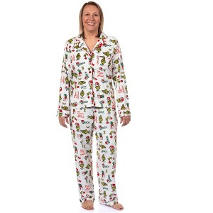 Seven Times Six Dr. Seuss The Grinch Pajamas Women's Velveteen Notch Collar Sleep Set - 1 of 4
