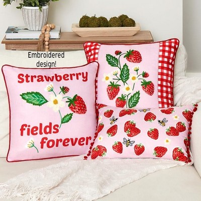 Strawberry Vine Embroidered Square Throw Pillow