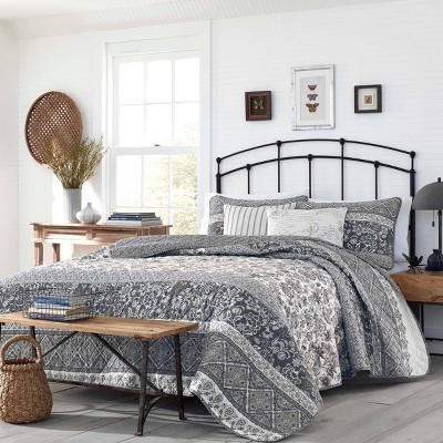 Slate Blue and Grey Reversible Cotton Full Quilt Set