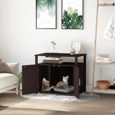 Brown Wooden Cat Litter Box Enclosure with Adjustable Partition