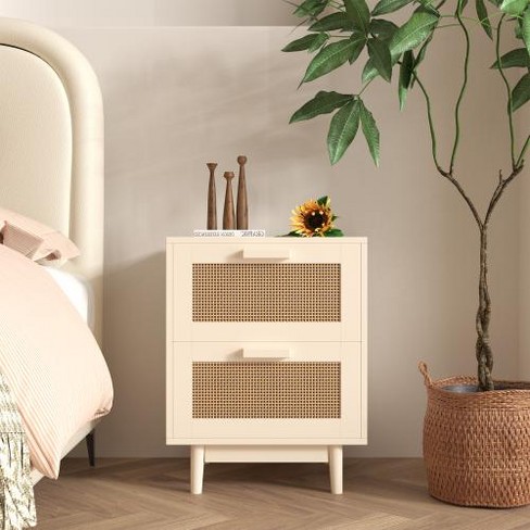 ORRD Rattan Nightstand, Wood End Table with 2 Faux Rattan-Decorated Drawers, Bedside Storage Table for Bedroom, Living Room, Burly Wood - image 1 of 4