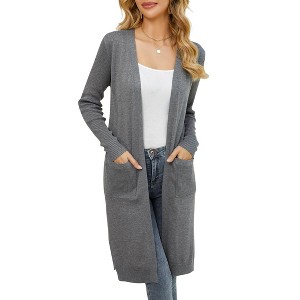 Women's Long Open Front Cardigan with Pockets - Lightweight Knit Duster with Side Slits - 1 of 4