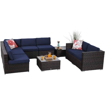 9pc Patio Low-Back Rattan Conversation Set - Navy - Captiva Designs