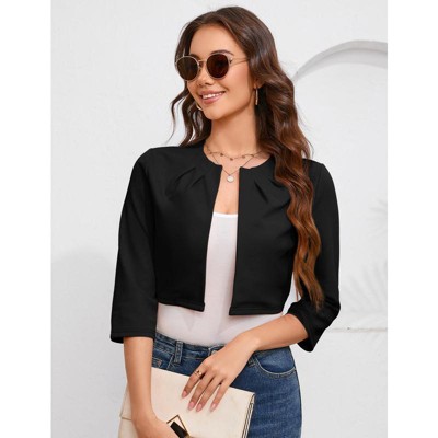 Womens Cropped Blazer Casual Business 3/4 Sleeve Collarless Open Front Cardigan Work Jacket Shrug