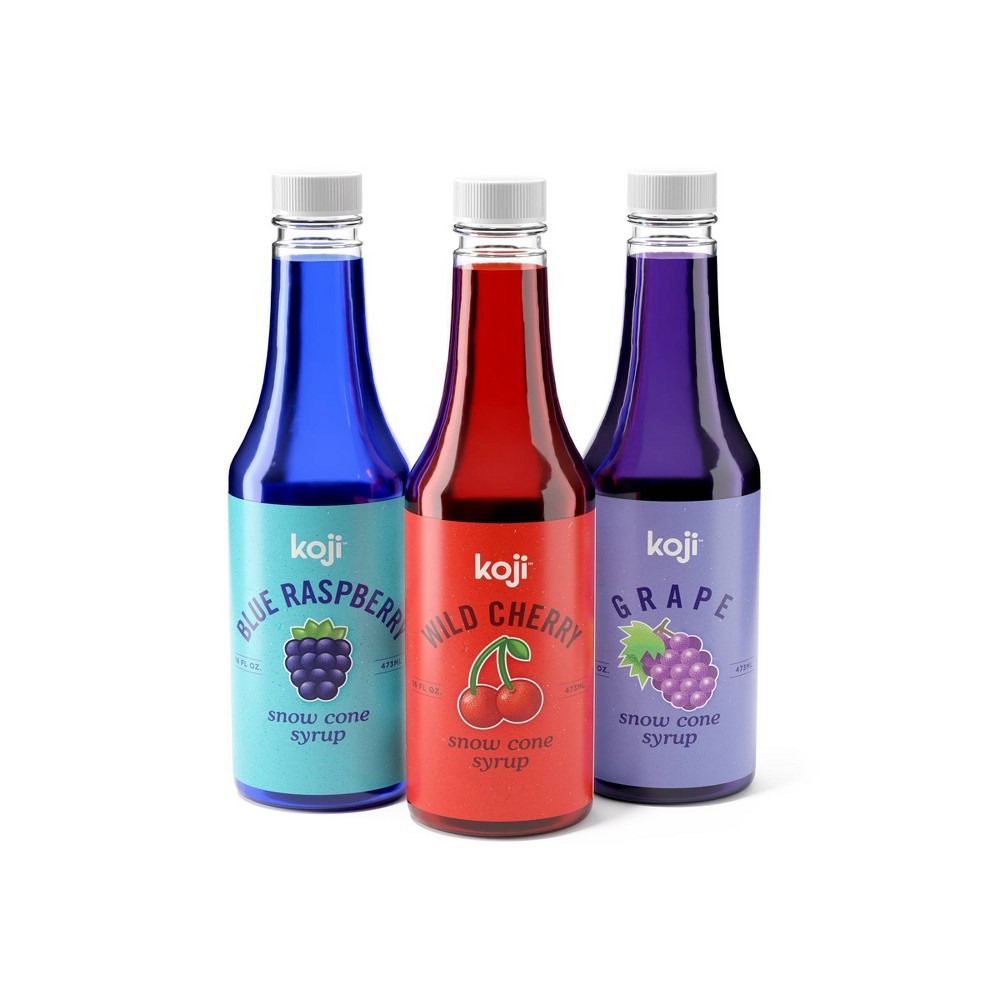 Koji Set of 3 Snow Cone Syrups: Cherry, Grape & Raspberry Flavors, Shaved Ice & Slushie Syrup, Ready to Use