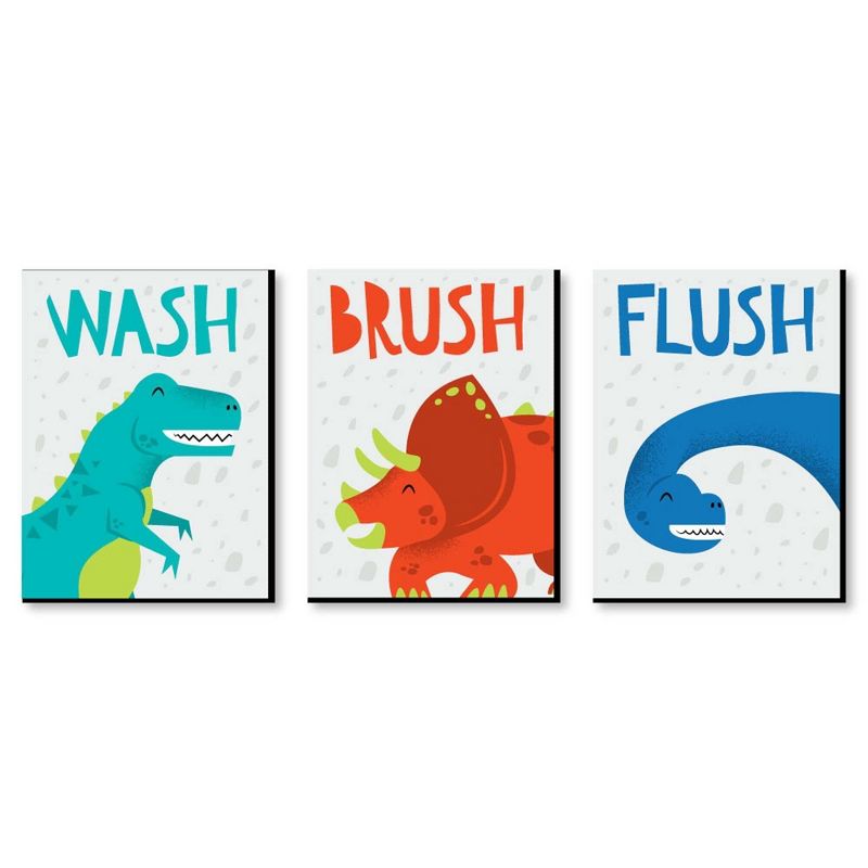 Big Dot of Happiness Roar Dinosaur - Dino T-Rex Kids Bathroom Rules Wall Art - 7.5 x 10 inches - Set of 3 Signs - Wash, Brush, Flush, 1 of 9