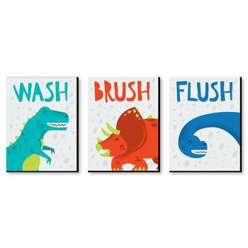 Big Dot of Happiness Roar Dinosaur - Dino T-Rex Kids Bathroom Rules Wall Art - 7.5 x 10 inches - Set of 3 Signs - Wash, Brush, Flush