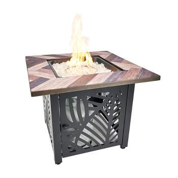 Endless Summer Darby 30 Inch Square Outdoor UV Printed 50,000 BTU LP Gas Fire Pit​ Table with Faux Wood Mantel and Stamped Steel Base