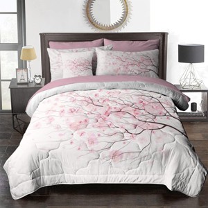 Hachikiko Floral Comforter Set 8-Piece, Twin Size Pink Sakura Cherry Blossom Bedding - Includes Sheets & Pillowcases (Spring Collection) - 1 of 4