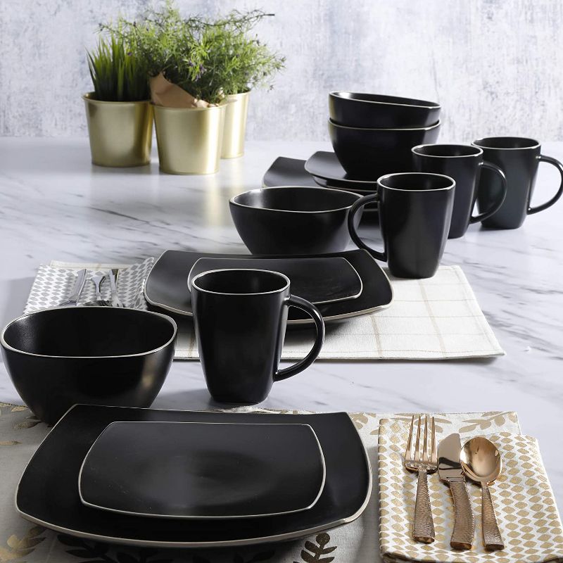 Gibson Elite 102261.16RM Soho Lounge 16 Piece Dinnerware Set for 4 Including Dinner Plates Dessert Plates and Mugs, Matte Black with White Rims, 5 of 6