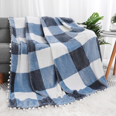 PiccoCasa Flannel Pom-Pom Tartan Checkered Fleece Throw Blanket 1Pc